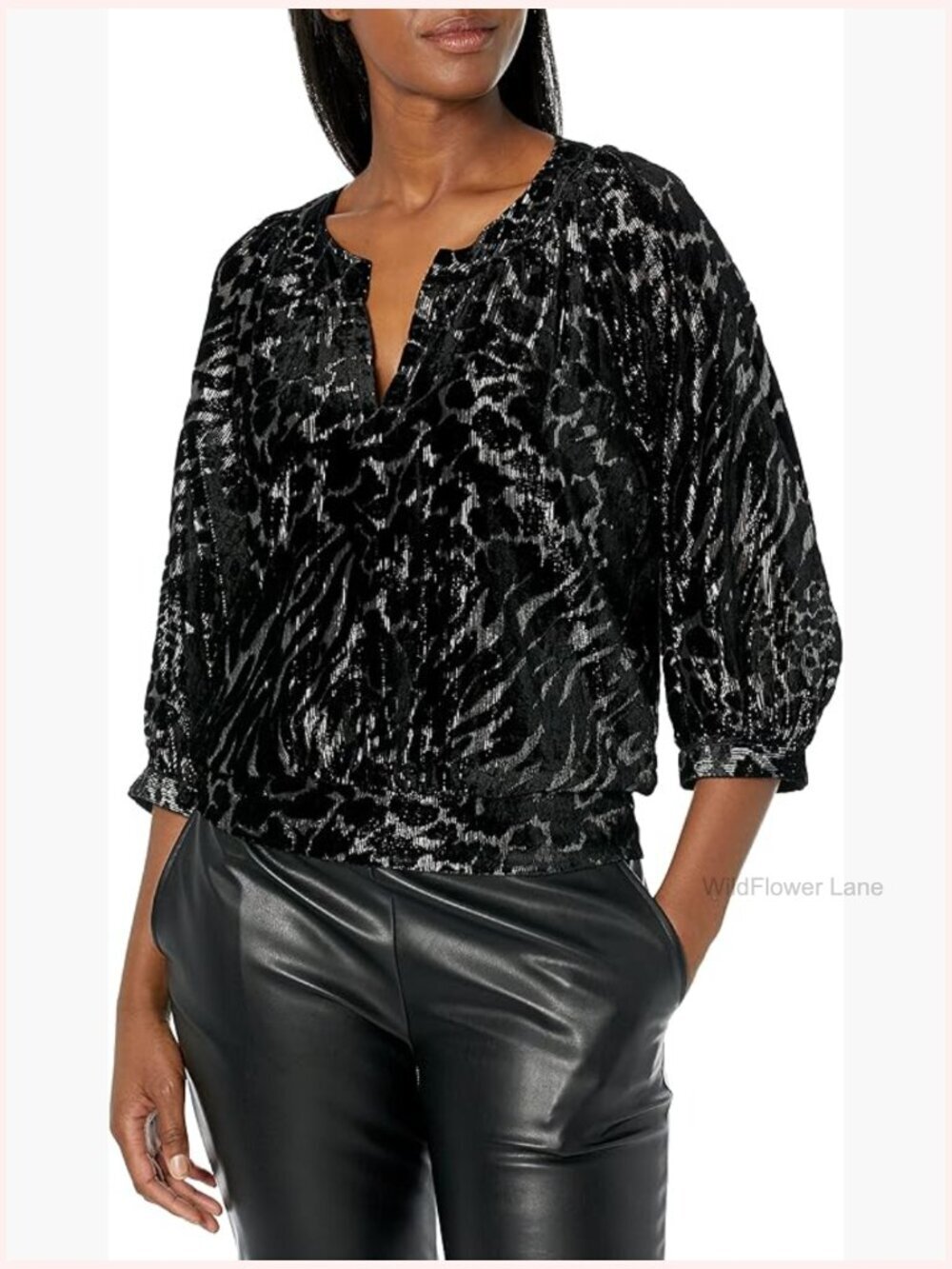Women's 3/4 Sleeve V-Neck Blouse Smocked Tunic Top